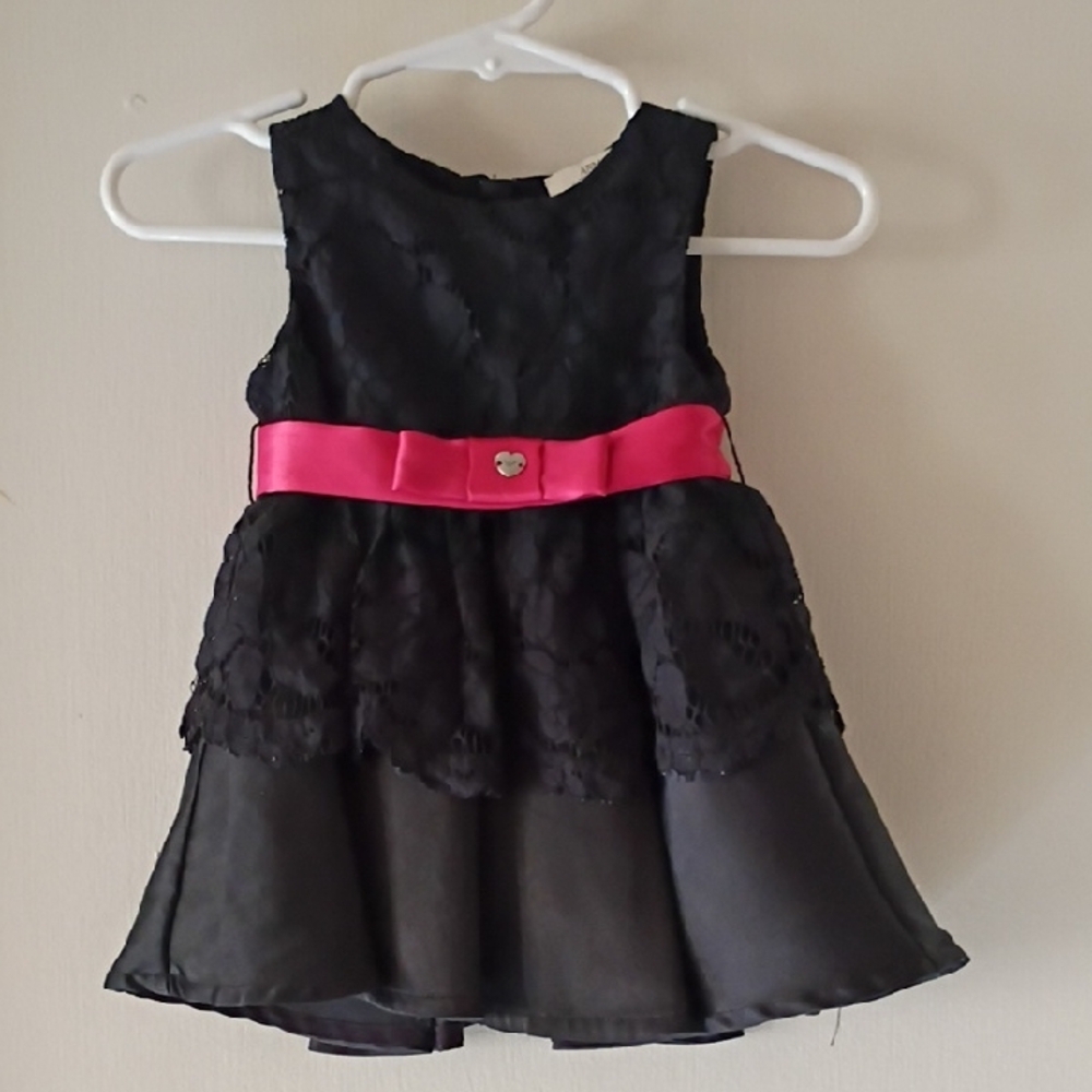 Giorgio Armani Black Lace Infant Dress with Pink Bow Ribbon